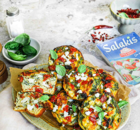 Eggs muffins aux épinards, tomates séchées et Salakis