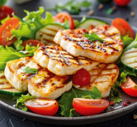 Halloumi grillé accompagné de légumes grillés et de salade croquante